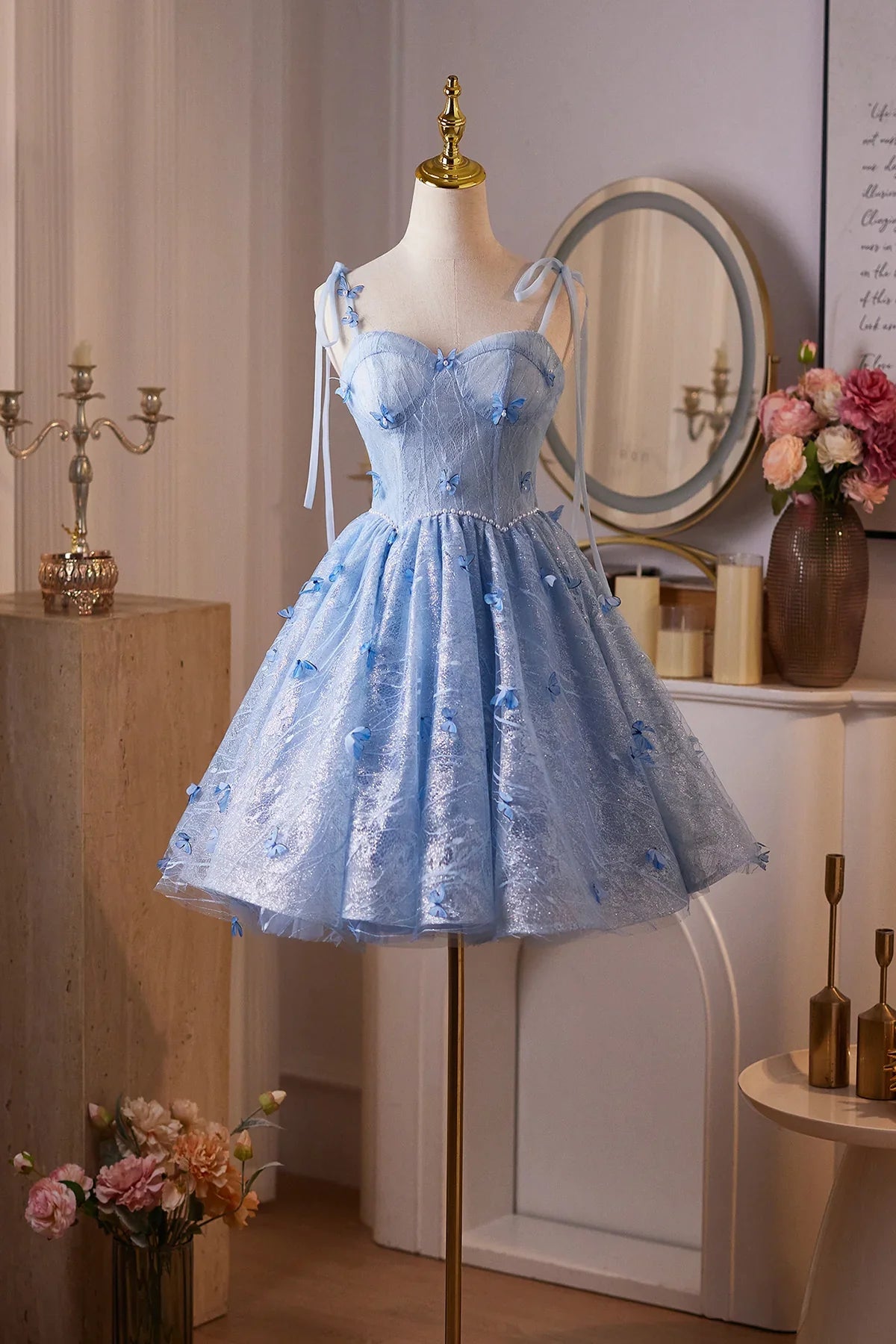 Chic Homecoming Dress Spaghetti Straps Flower Lace Short Prom Dress Back to School Outfits Birthday Party Dress D6012