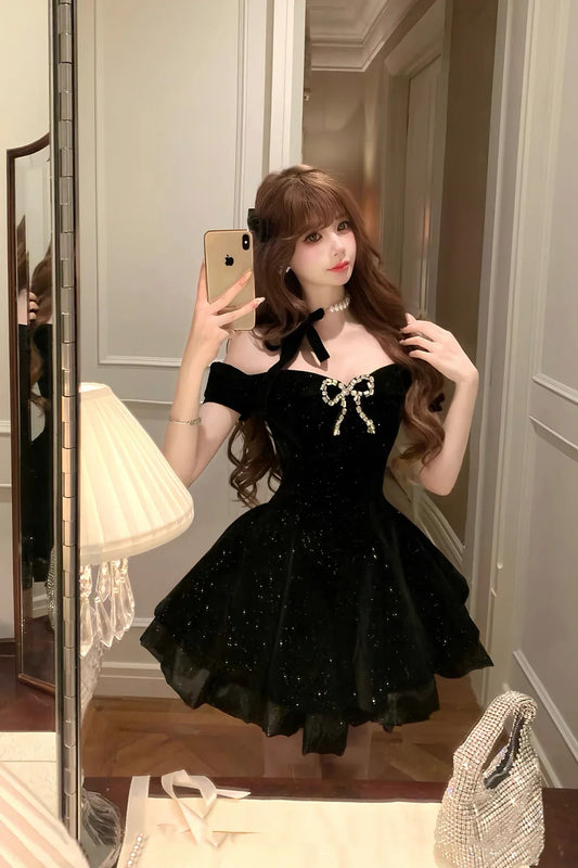 Charming Homecoming Dress Off the Shoulder Tulle Bowknot Rinestone Short Prom Dress Back to School Outfits Party Dress D6083