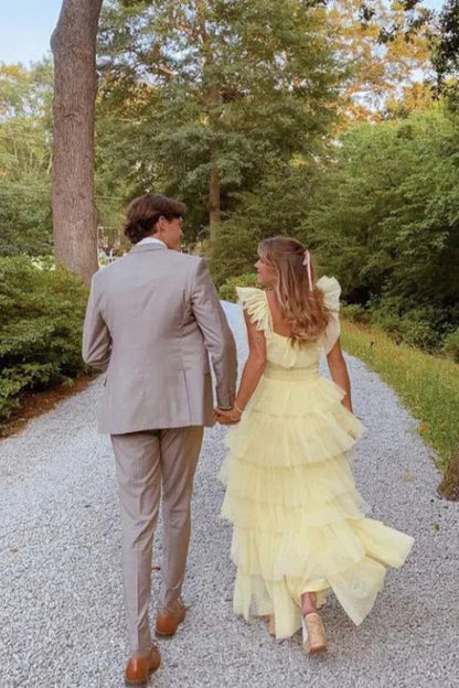 A-Line Yellow Tulle Long Prom Dress,  Tulle Formal Dress      S4151