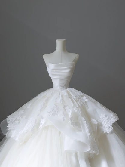 A Line Ball Gown White Tulle Long Wedding Dress Princess Bridal Gown