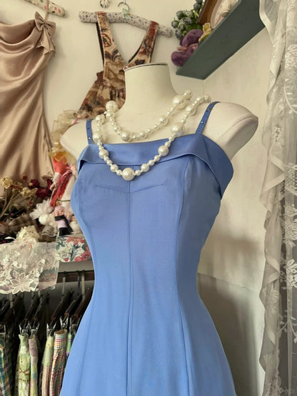 Blue Spaghetti Straps Ankle Length Prom Dress Sleeveless Evening Party Dress   fg7382