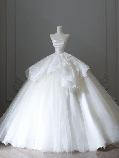 A Line Ball Gown White Tulle Long Wedding Dress Princess Bridal Gown