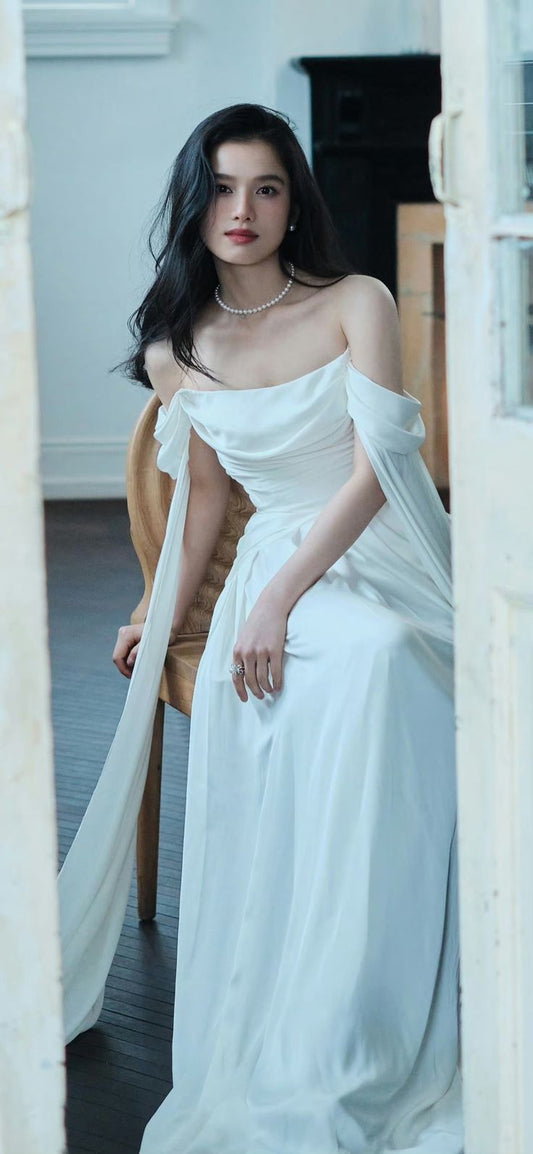 Off Shoulder White Long Evening Gowns Sexy Prom Party Dresses   S6924