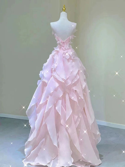 A Line Pink Long Prom Dresses,Strapless Evening Gown     S4921