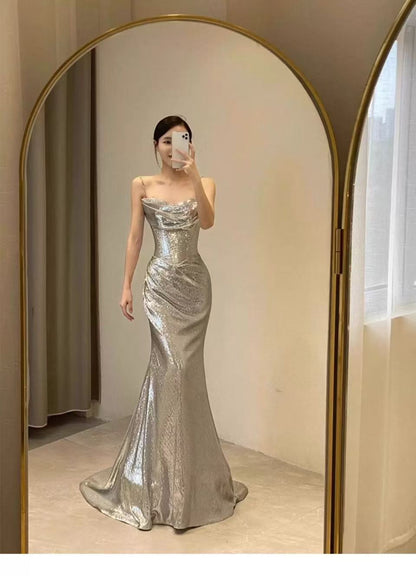 Elegant Mermaid Siver Sequin Prom Dress Sleeveless Evening Party Dress   fg7379