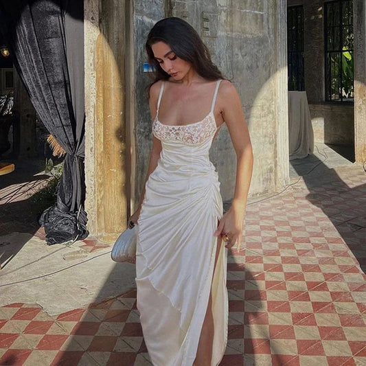Sexy Lace Patchwork Satin Strap Dress Chic Pleated High Slit Bodycon Long Dress    S6867