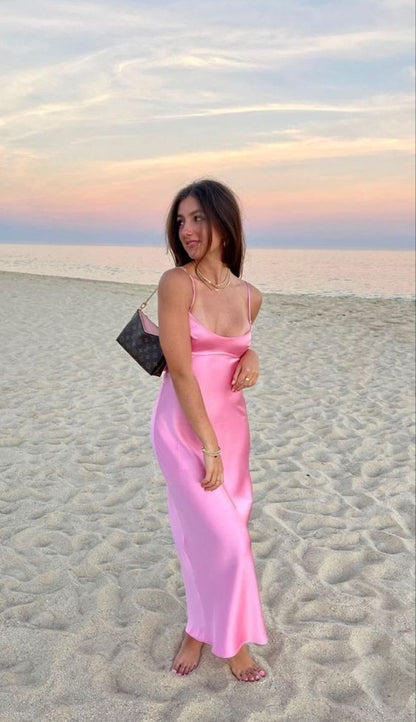 Simple Straps Sleeveless Party Dress Satin Pink Prom Dress   S6841