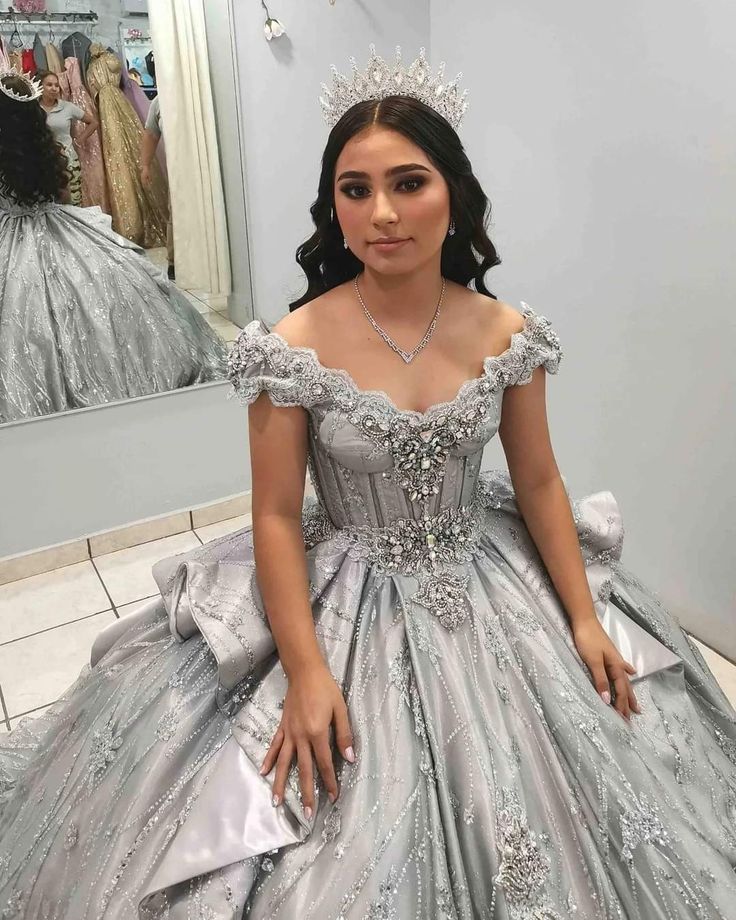 Silver Off Shoulder Crystal Quinceanera Dresses Birthday Party Ball Gown    S6782