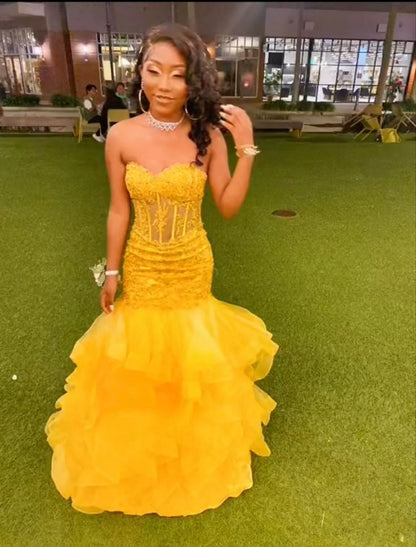 Yellow Mermaid Long Prom Dresses for Women, Evening Birthday Gown For Black Girl      S6801