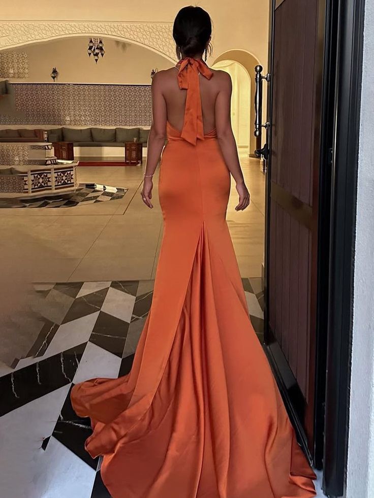 Halter Sleeveless Satin Pleated Mermaid Prom Dress with Train      S6824