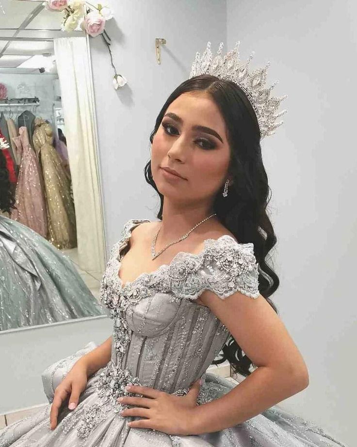 Silver Off Shoulder Crystal Quinceanera Dresses Birthday Party Ball Gown    S6782