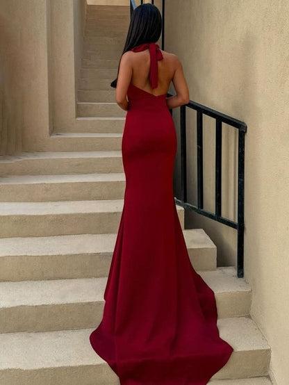 Halter Sleeveless Satin Pleated Mermaid Prom Dress with Train      S6824