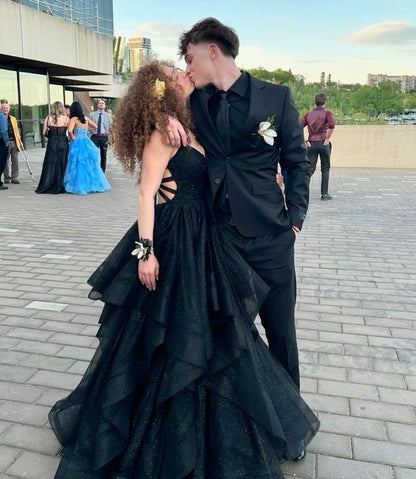 Black A-Line Shiny Tulle Long Party Dress Birthday Party Gown      S6825