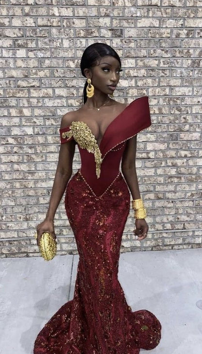 Burgundy African mermaid wedding dress, engagement dress, mermaid prom dress      S6803