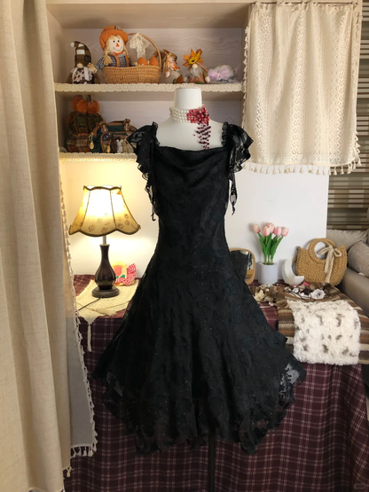 Black Lace Vintage Short Party Dress, Birthday Outfits     S6886