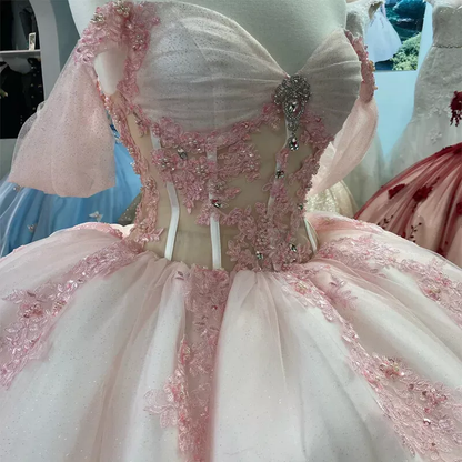 Pink Lace Quinceanera Dress Ball Gown Applique Lace Tulle Party Sweet 16 Dress