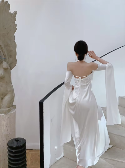 New Elegant White Party Dress Women Casual Halter Neck Vintage A-Line Prom Dress       S6397