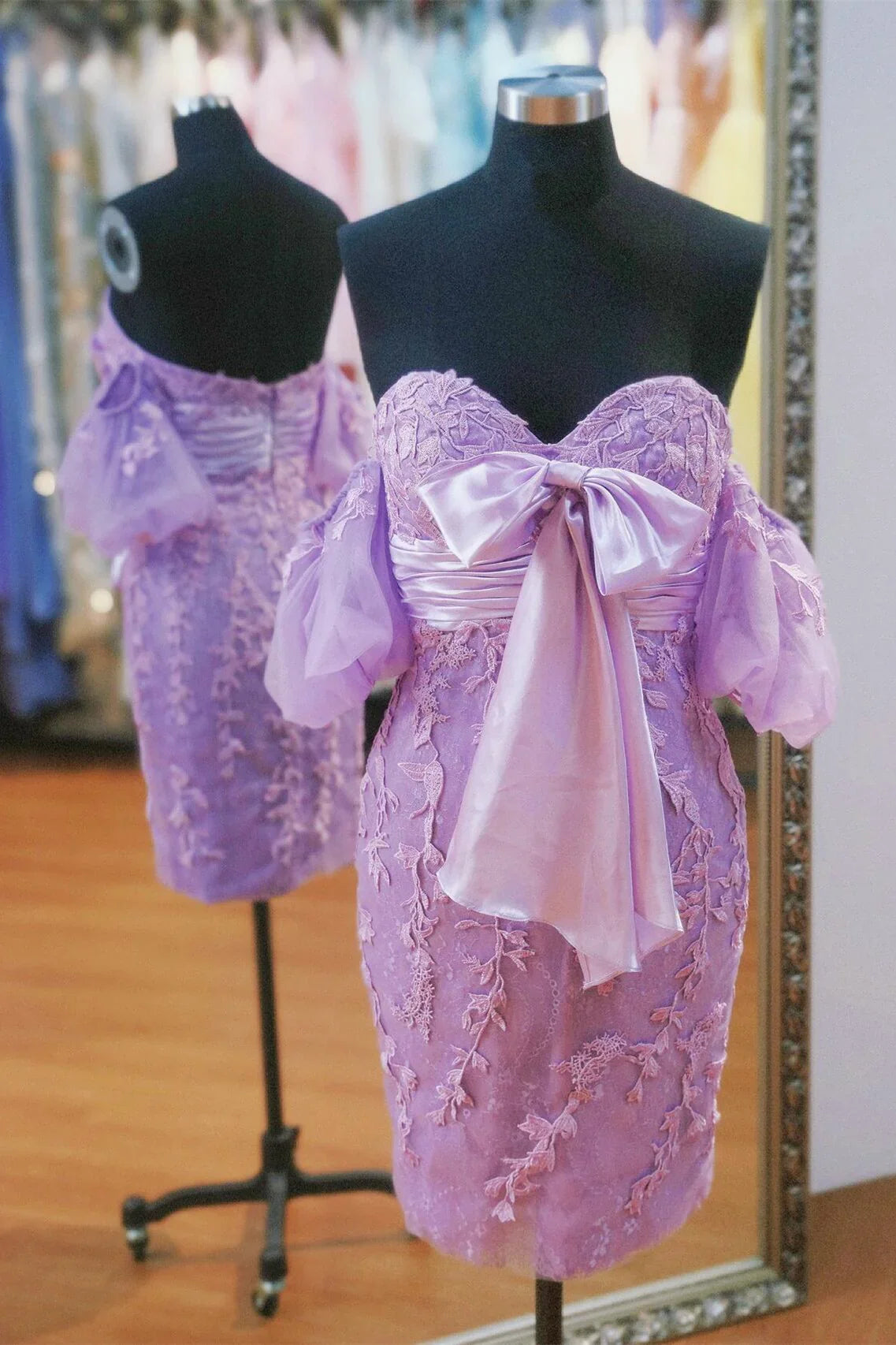 Sweetheart Lace Tight Mini Dress Lavender Homecoming Dress        S3667