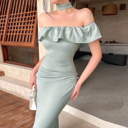 Off-Shoulder Ruffled Midi Mermaid Dress       S6739