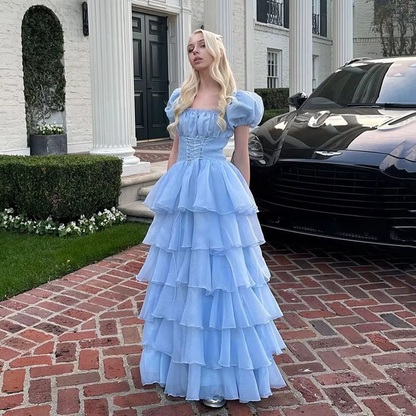 Sky Blue Tiered Skirt Prom Dress Puff Short Sleeves Formal Party Evening Gown
