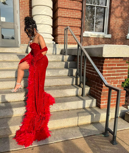 Red Sequin Long Prom Dresses with Slit Elegant Formal Dresses     S3761