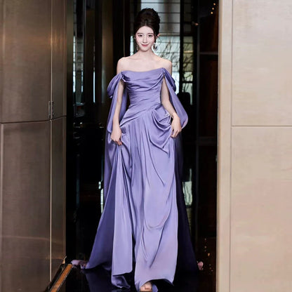 Purple dress long evening gown engagement party off shoulder satin birthday party dress   S6832