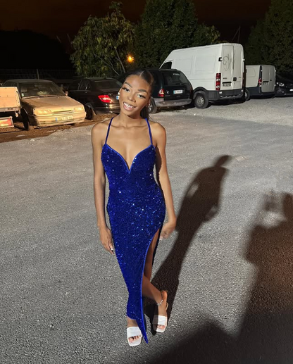 Royal Blue Sequin Evening Dress Sleeveless Women Sexy Party Dresses      S6776
