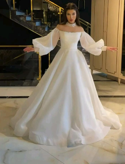 A Line Tulle Long Wedding Dresses A Line White Bridal Gown        S6408