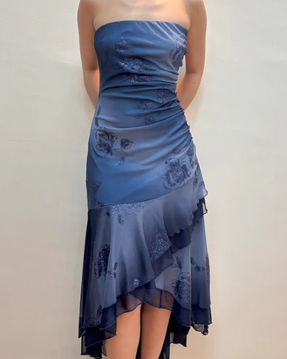 Vintage Navy Strapless Ruffles Chiffon Long Party Dress Evening Gown       S6729
