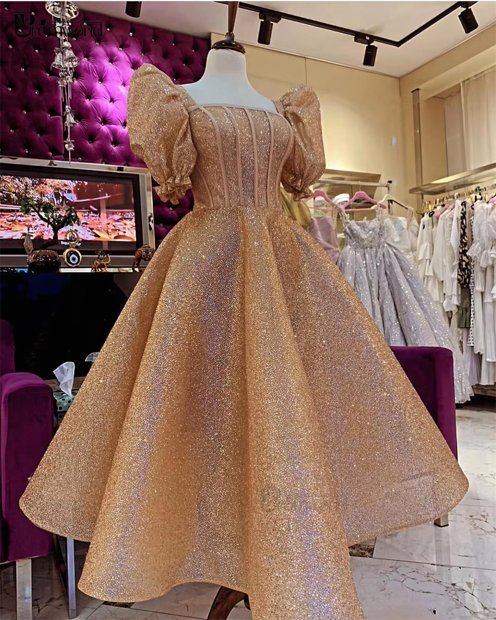 Glitter Champagne Sequined Prom Dresses Puff Short Sleeves Square Neck Ankle Length A Line Formal Evening Gowns