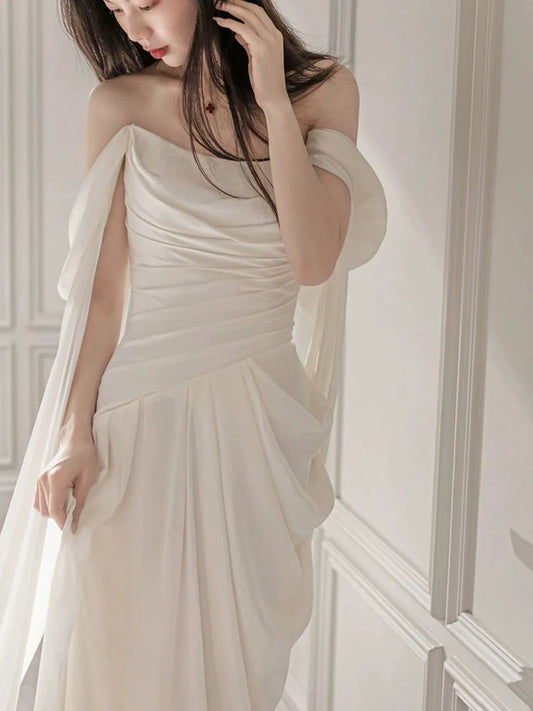 White long evening gown off shoulder birthday party dress   S6833