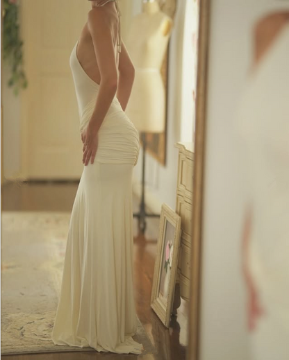 Open Back Halter Neck White Party Prom Dresses Long Evening Dress       S6596