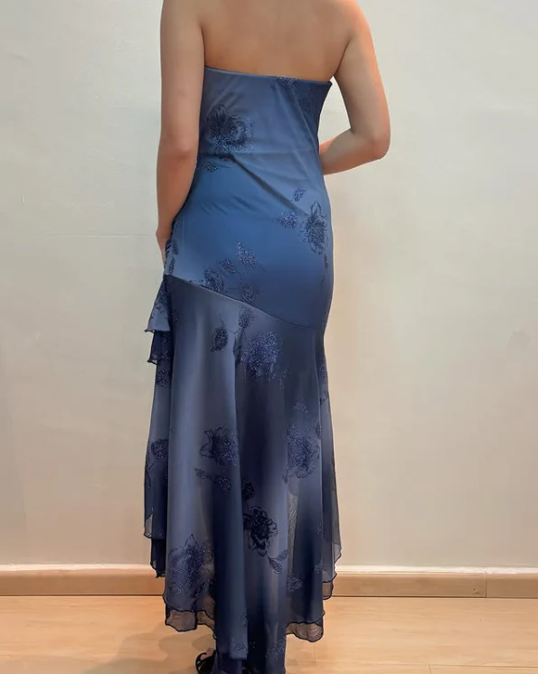 Vintage Navy Strapless Ruffles Chiffon Long Party Dress Evening Gown       S6729