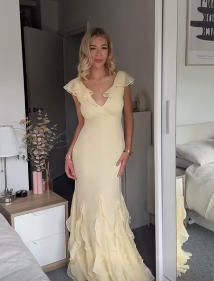 Light Yellow Long Party Dress Chiffon Evening Gown       S6734