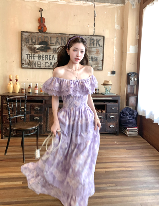 Purple long printed waist dress for women summer French retro temperament high-end skirt R4581