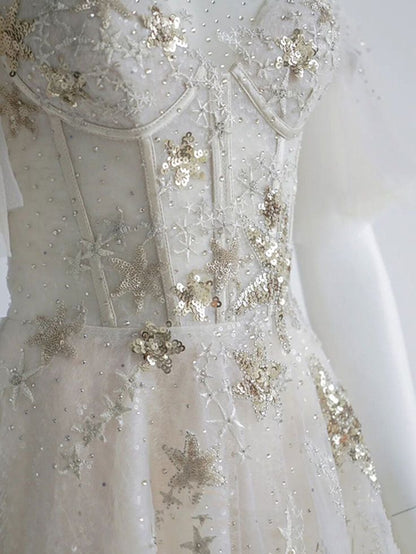 Light Tulle Sequin Tea Length Prom Dress, Tulle Formal Dress      S6335