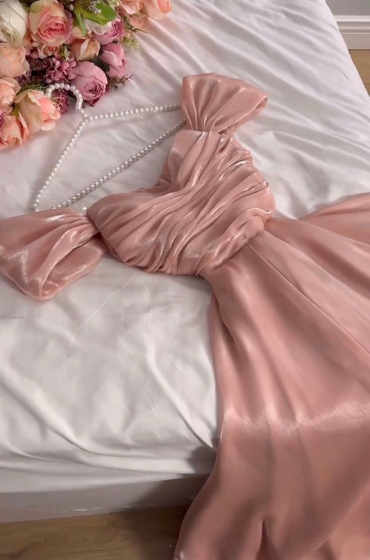 Modest A Line Strapless Silk Satin Long Pink Prom Dress Evening Gown