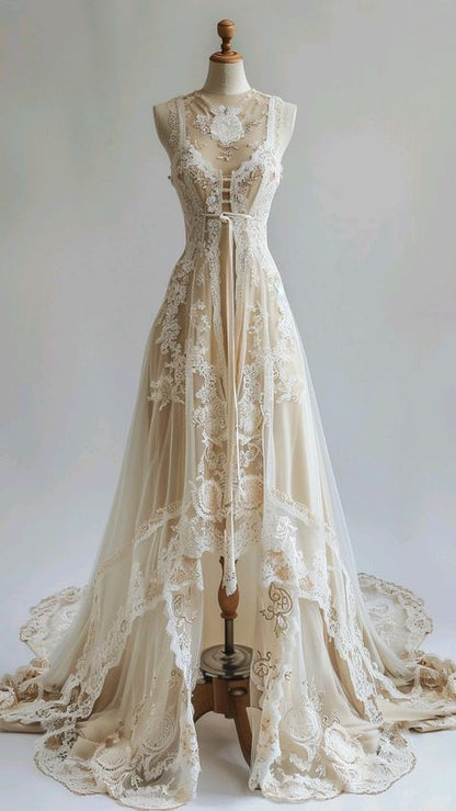 Elegant Lace High Low Wedding Dress Women Sleeveless Bridal Gowns Wedding Party Dress     S6583