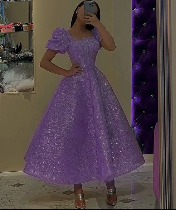 Glitter Champagne Sequined Prom Dresses Puff Short Sleeves Square Neck Ankle Length A Line Formal Evening Gowns