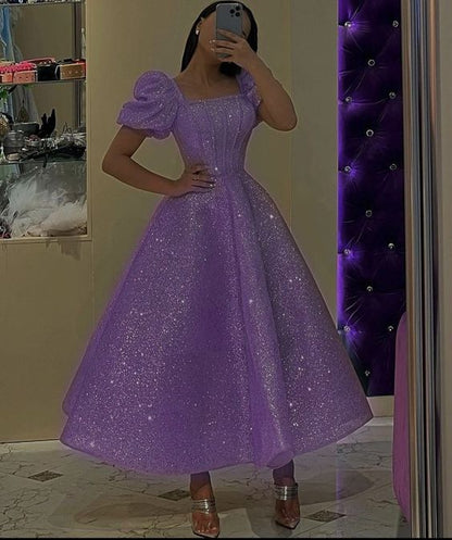 Glitter Champagne Sequined Prom Dresses Puff Short Sleeves Square Neck Ankle Length A Line Formal Evening Gowns