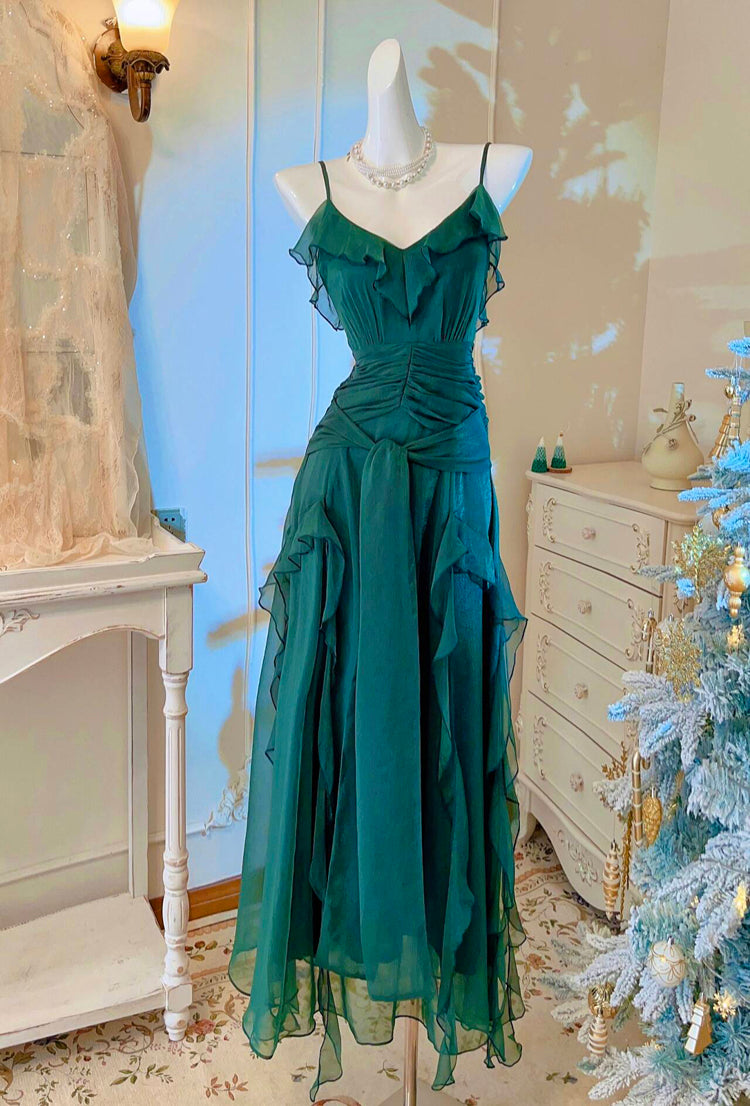 Green party dress women's ruffled long evening gown       S5979