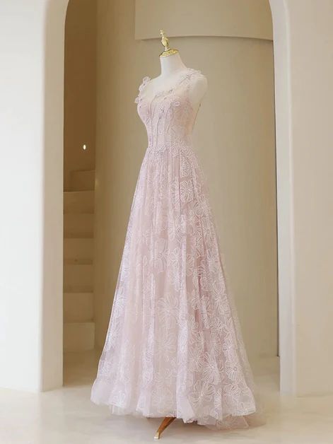 Light Pink Round Neckline Lace Long Prom Dress, A-line Pink Floor Length Party Dress        S6340
