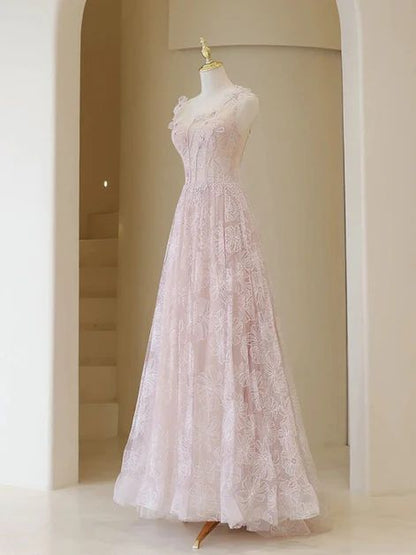 Light Pink Round Neckline Lace Long Prom Dress, A-line Pink Floor Length Party Dress        S6340