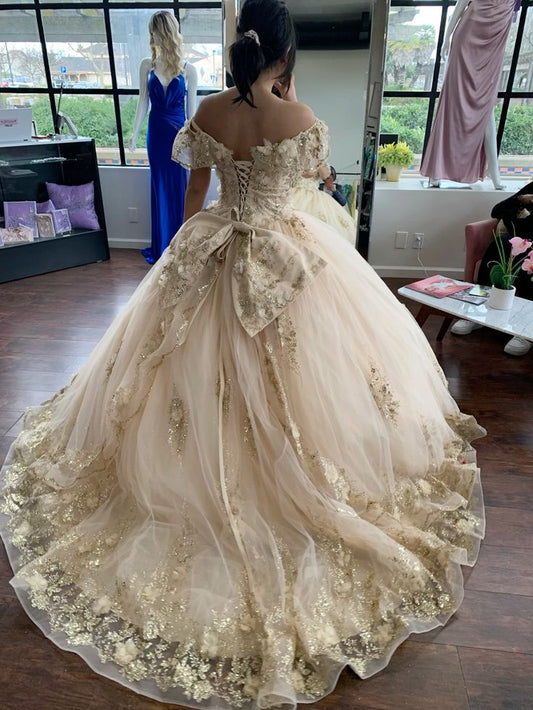 Champagne Quinceanera Dresses Ball Gown Off The Shoulder Sparkly Floral Sweet 16 Dresses     S6084