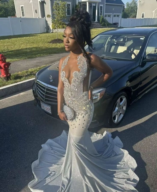 Sexy Mermaid Luxury Beaded Black Girl Silver Gray Prom Party Formal Gowns      S6417