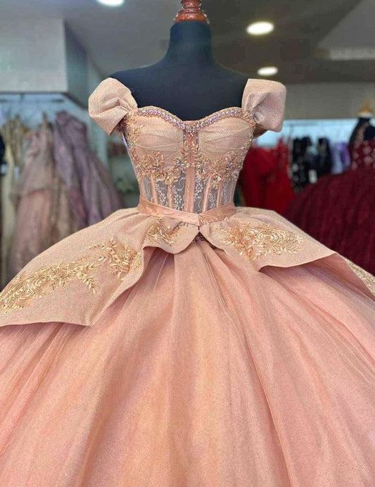 Quinceanera Dresses Off The Shoulder Pink Ball Gown Evening Dress        S6429