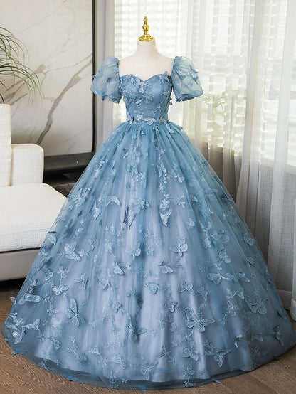 Blue Short Sleeves Long Party Dress With Butterfly Lace, Blue Prom Dress      S6261