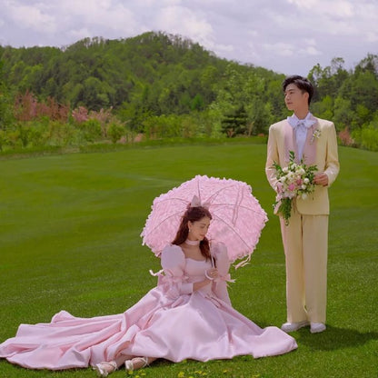 Elegant pink satin puff sleeve dress with ribbons pink Evening Dresses          S6488