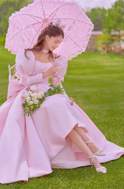 Elegant pink satin puff sleeve dress with ribbons pink Evening Dresses          S6488