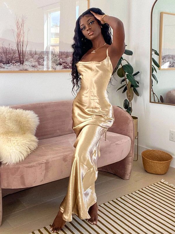 Elegant Mermaid Straps Gold Maxi Dress 21th Birthday Outfits       S6070